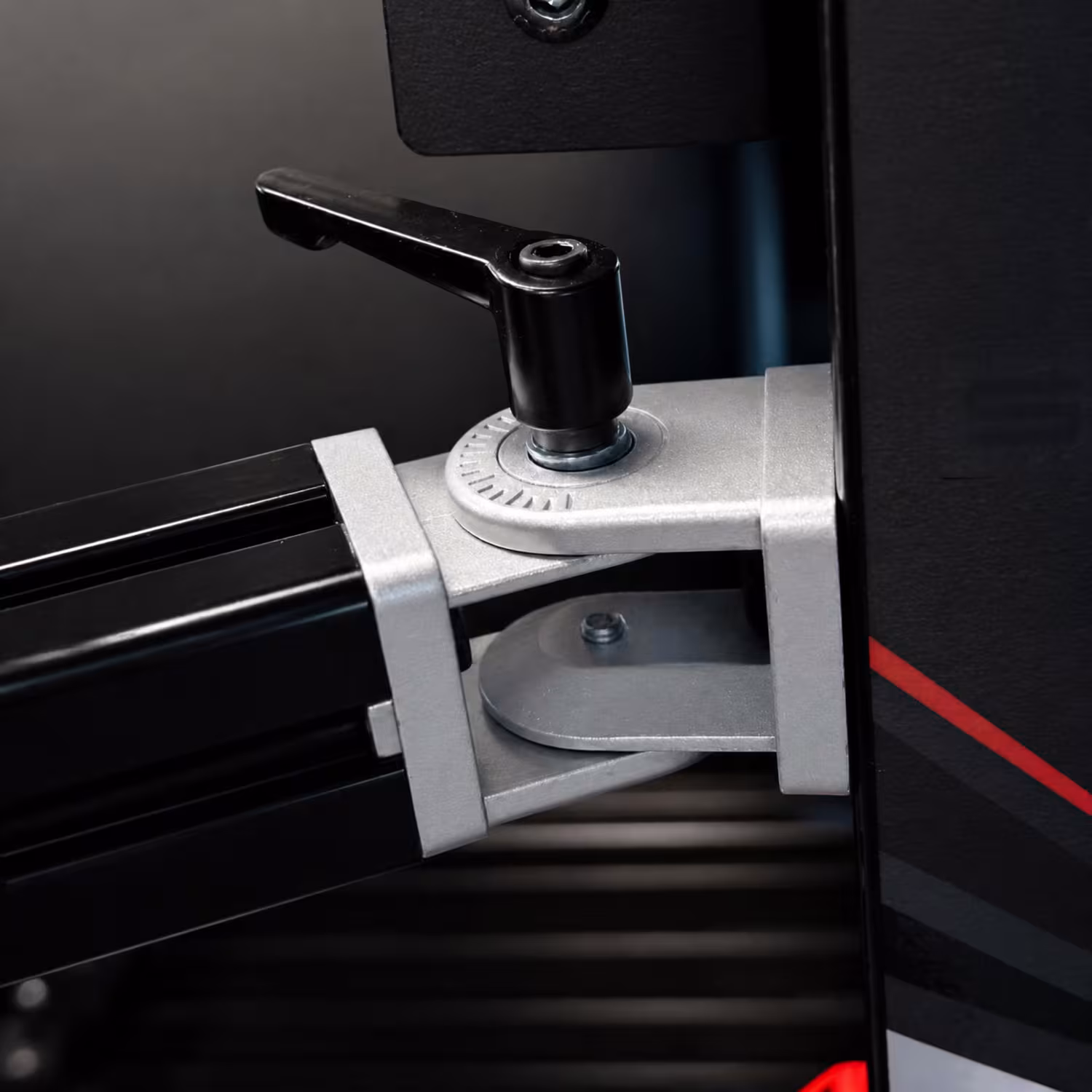  | Close-up of the locking lever and single hinge on the SimXPro keyboard arm